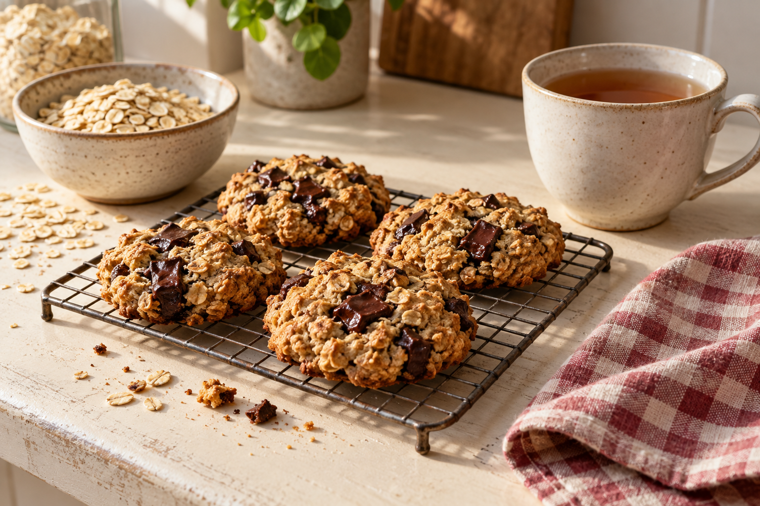 Illustrative image: Oat and dark chocolate biscuits on a cooling rack beside tea