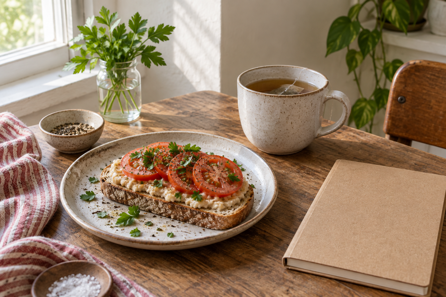 Illustrative image: White bean and tomato toast beside tea and a closed notebook