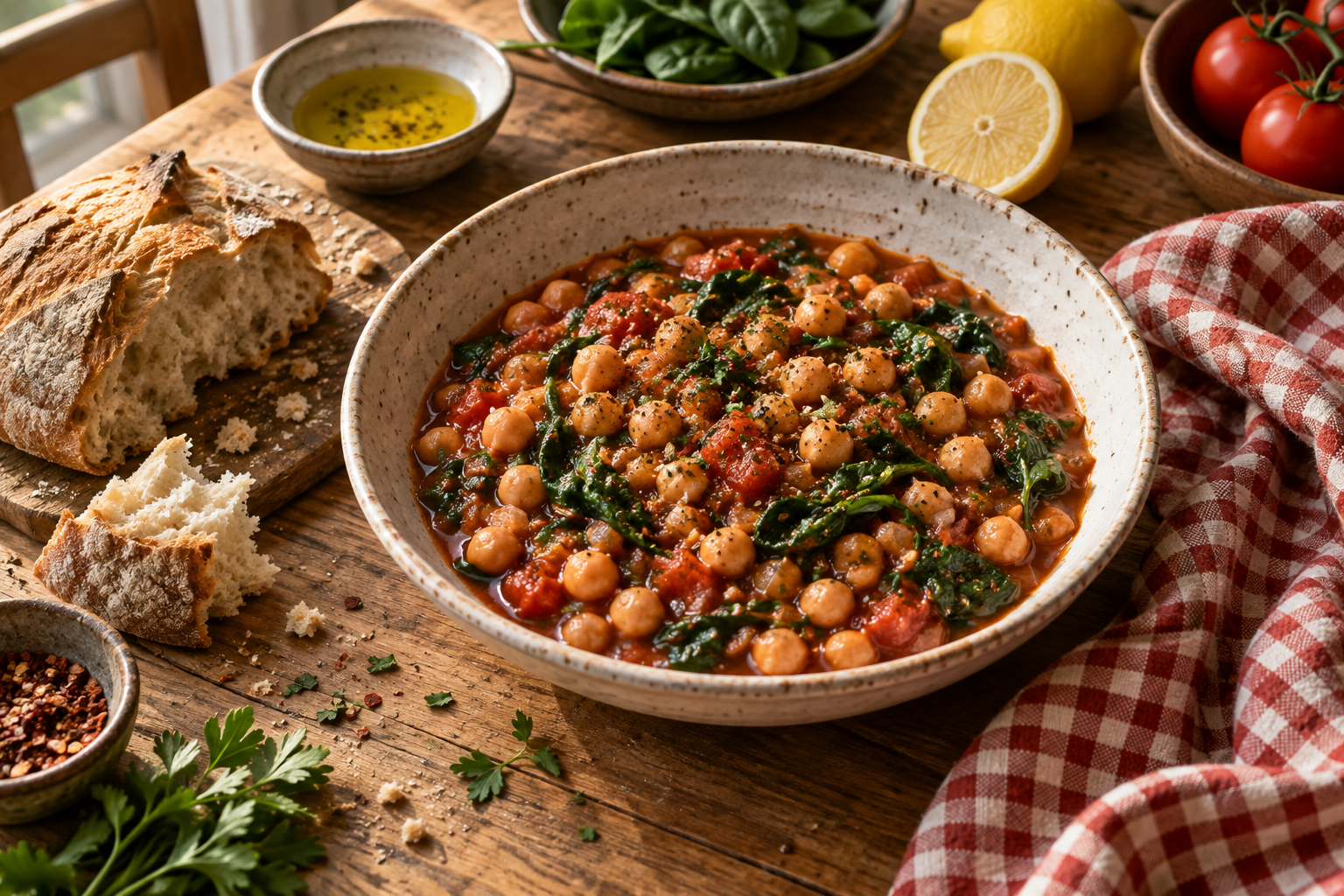 Illustrative image: A bowl of tomato chickpeas and spinach with bread on a wooden table