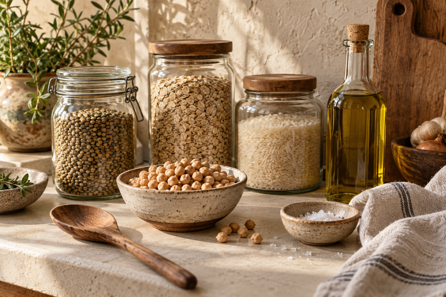 Illustrative image: Jars of lentils, oats and rice beside chickpeas and olive oil