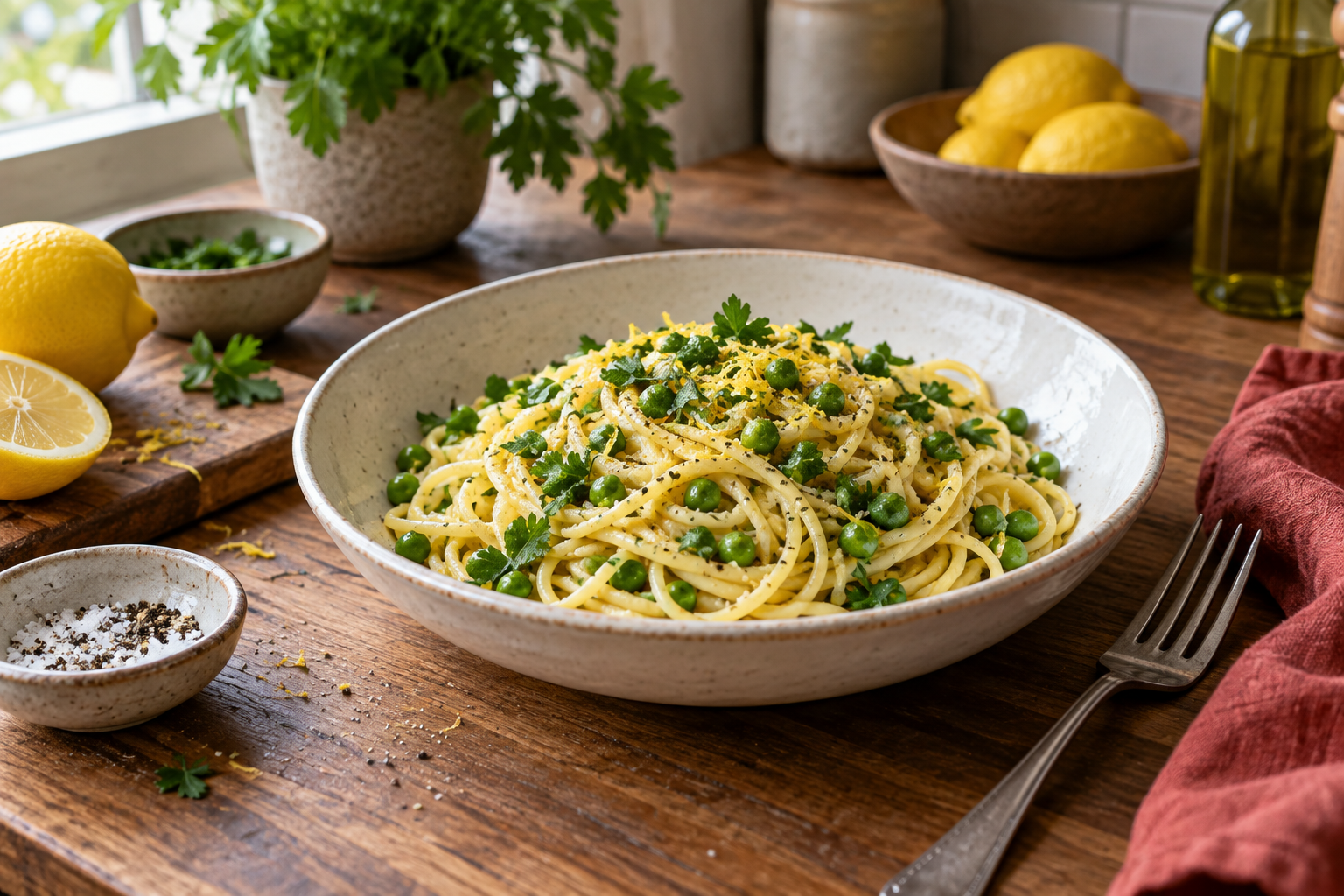Illustrative image: Lemon pasta with peas and parsley in a ceramic bowl
