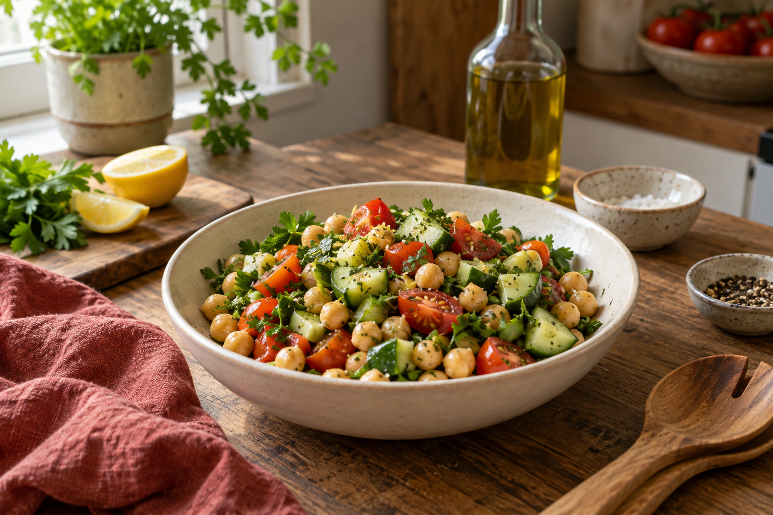 Illustrative image: Chickpea salad with cucumber, tomato and parsley