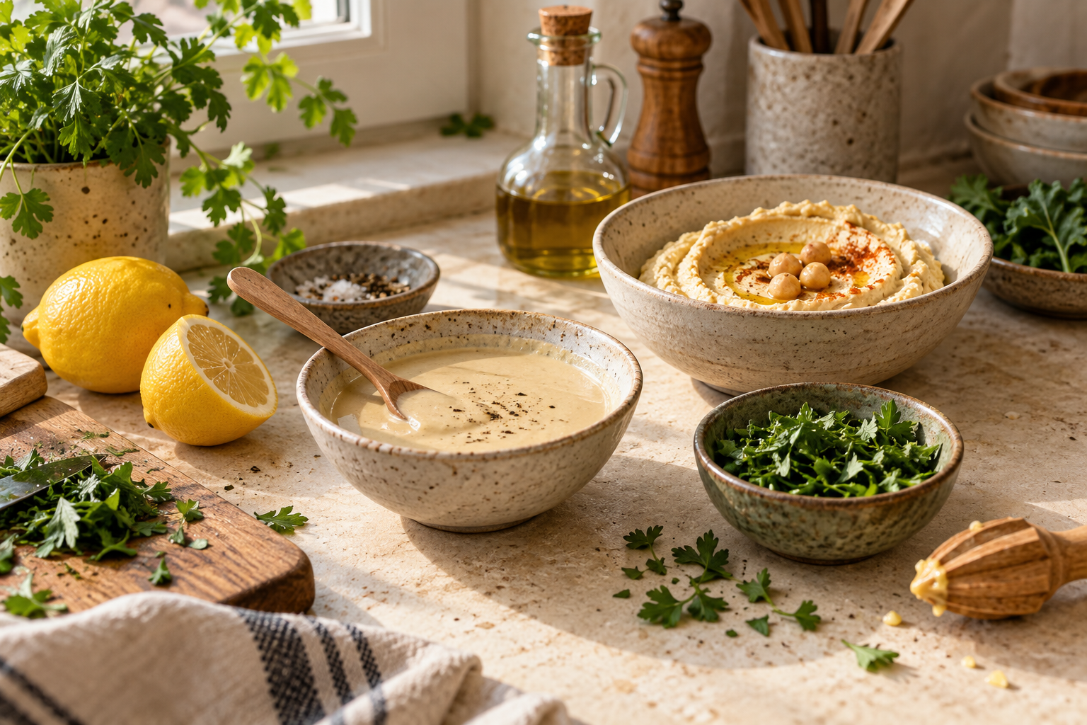 Illustrative image: Bowls of tahini dressing, hummus and chopped herbs