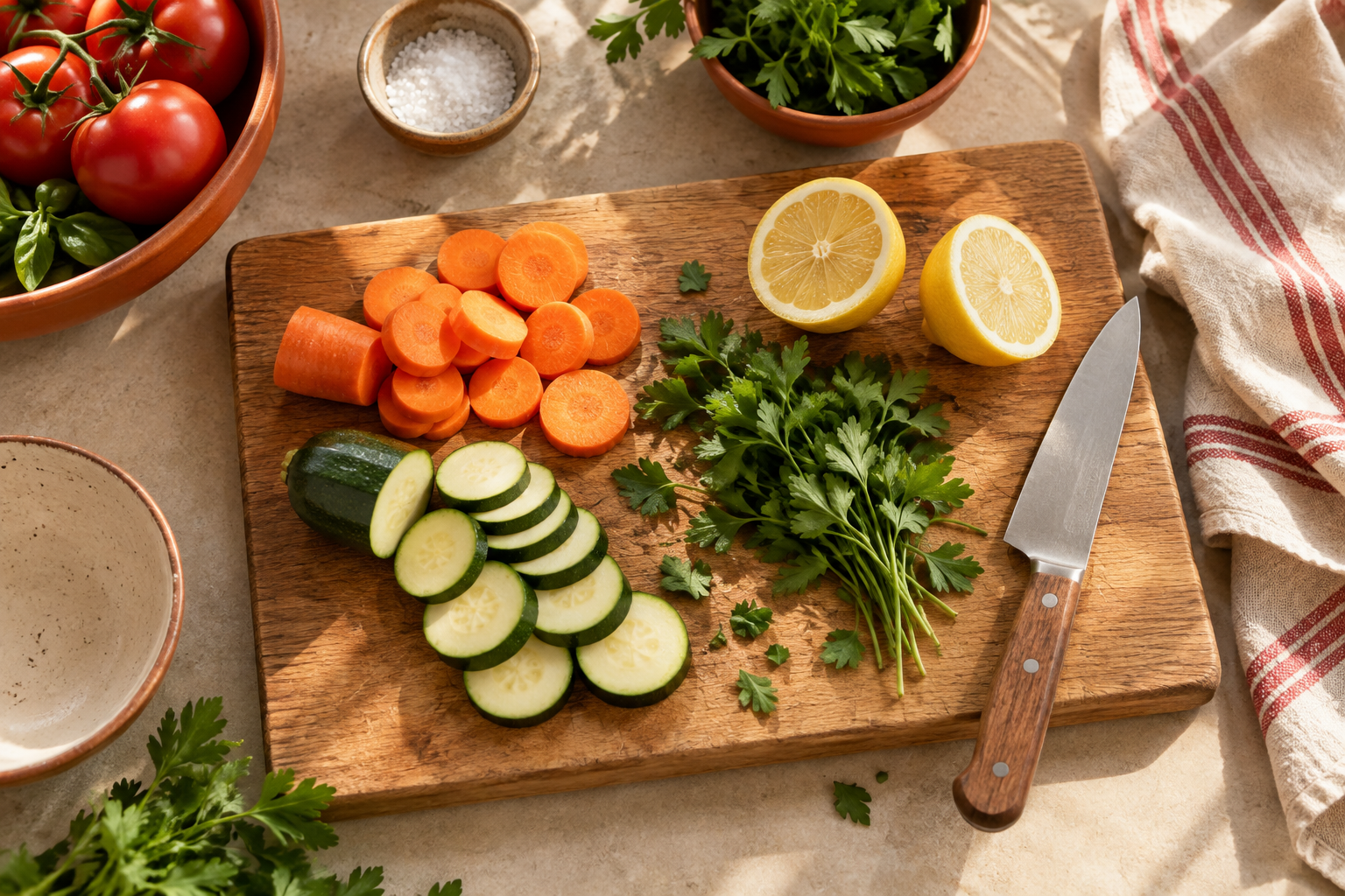 Illustrative image: Carrots, courgette, parsley and lemon on a wooden chopping board